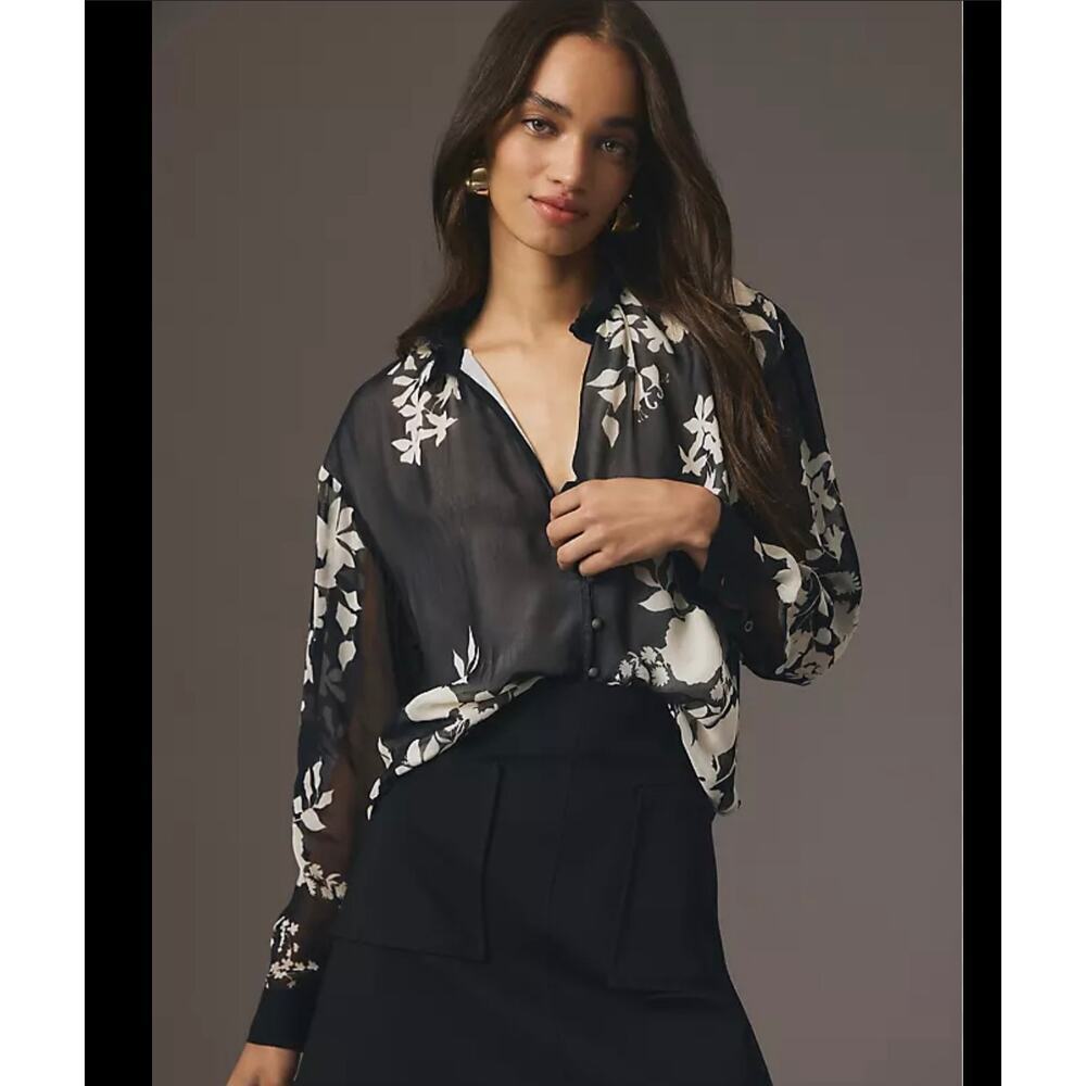 Anthropologie Pilcro Tavi Buttondown Blouse sheer black white floral